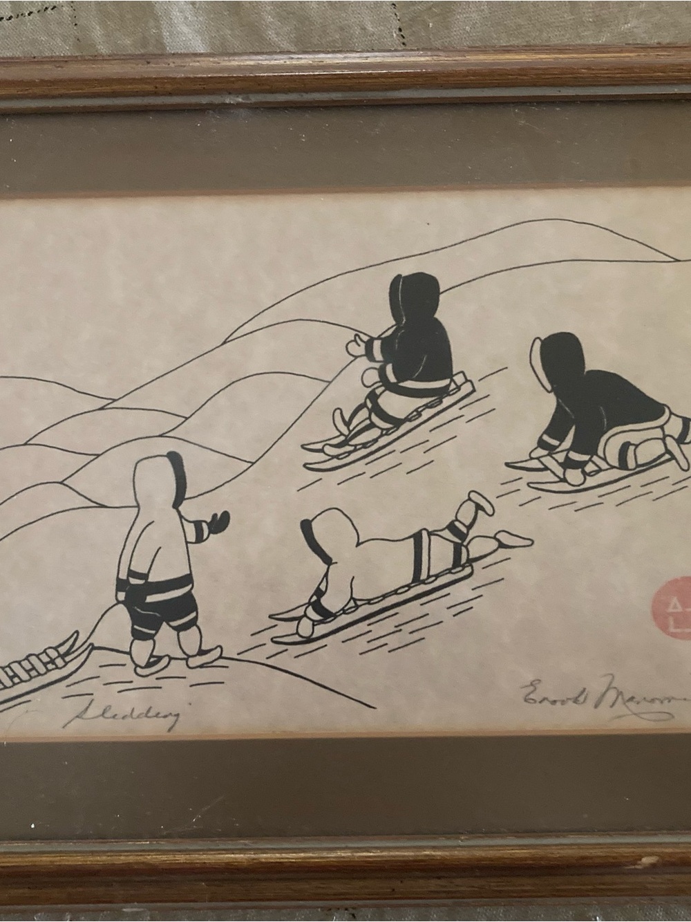 Framed Black and White Inuit Sledding Art Print